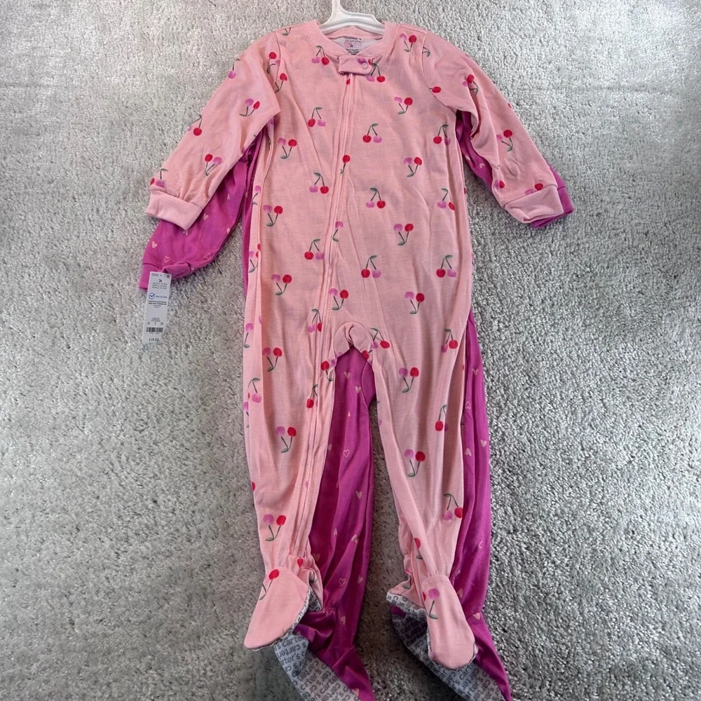 Carters Just One You Kids 3T Pink Cherry Heart Footed Sleeper Pajamas 2PK NEW